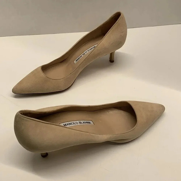 Manolo Blahnik Kitten Heel Srila High Heels Shoes Light Brown Tan Suede 36.5 6.5 - Picture 1 of 14